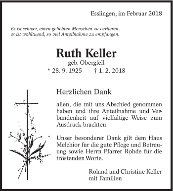 Traueranzeige von Ruth Keller von Eßlinger Zeitung/Cannstatter Zeitung