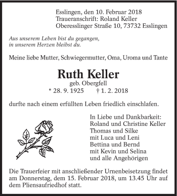 Traueranzeige von Ruth Keller von Eßlinger Zeitung/Cannstatter Zeitung