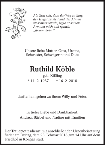 Traueranzeige von Ruthild Köble von Eßlinger Zeitung/Cannstatter Zeitung