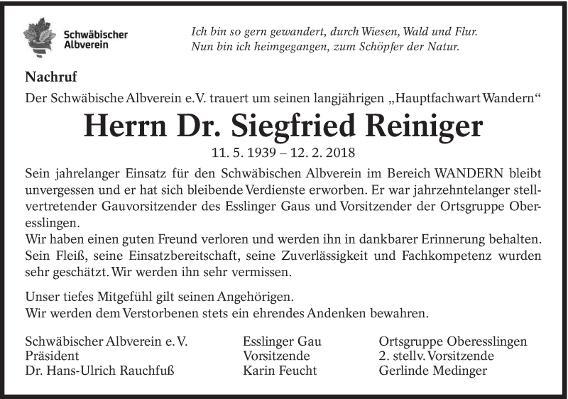  Traueranzeige für Siegfried Reiniger vom 16.02.2018 aus Eßlinger Zeitung/Cannstatter Zeitung