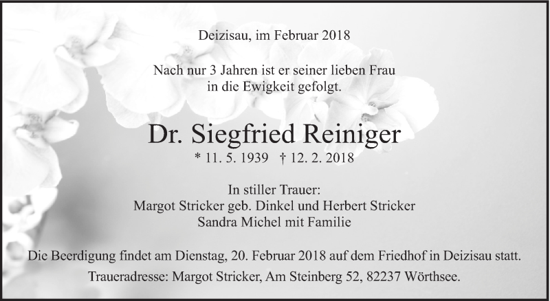  Traueranzeige für Siegfried Reiniger vom 15.02.2018 aus Eßlinger Zeitung/Cannstatter Zeitung