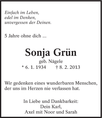 Traueranzeige von Sonja Grün von Eßlinger Zeitung/Cannstatter Zeitung