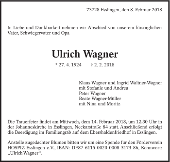 Traueranzeige von Ulrich Wagner von Eßlinger Zeitung/Cannstatter Zeitung