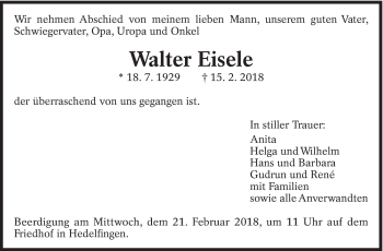 Traueranzeige von Walter Eisele von Eßlinger Zeitung/Cannstatter Zeitung