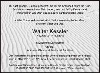 Traueranzeige von Walter Kessler von Eßlinger Zeitung/Cannstatter Zeitung