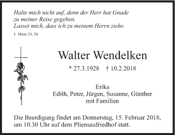 Traueranzeige von Walter Wendelken von Eßlinger Zeitung/Cannstatter Zeitung