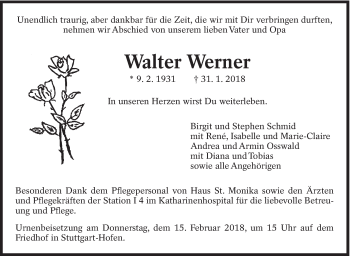 Traueranzeige von Walter Werner von Eßlinger Zeitung/Cannstatter Zeitung