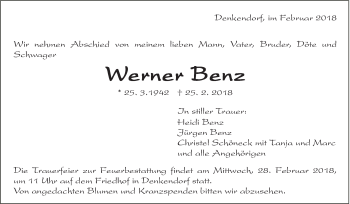 Traueranzeige von Werner Benz von Eßlinger Zeitung/Cannstatter Zeitung