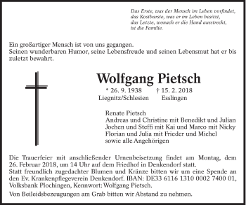 Traueranzeige von Wolfgang Pietsch von Eßlinger Zeitung/Cannstatter Zeitung