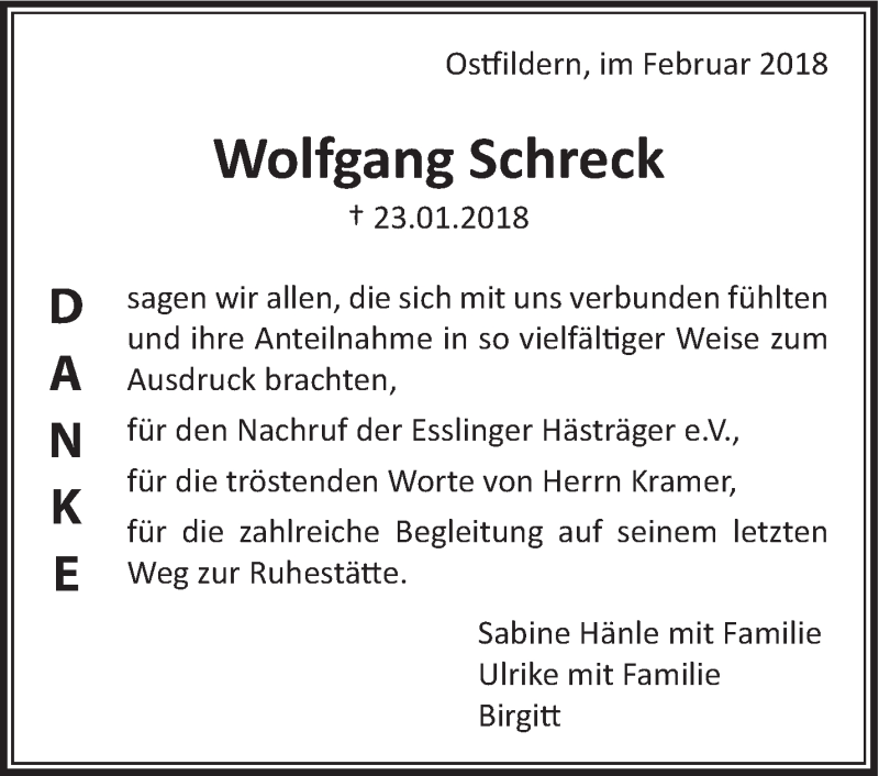  Traueranzeige für Wolfgang Schreck vom 15.02.2018 aus Eßlinger Zeitung/Cannstatter Zeitung