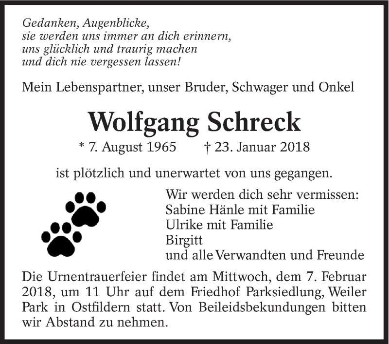  Traueranzeige für Wolfgang Schreck vom 03.02.2018 aus Eßlinger Zeitung/Cannstatter Zeitung