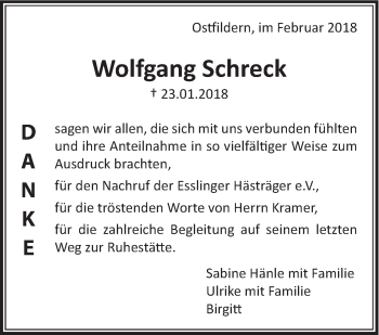 Traueranzeige von Wolfgang Schreck von Eßlinger Zeitung/Cannstatter Zeitung