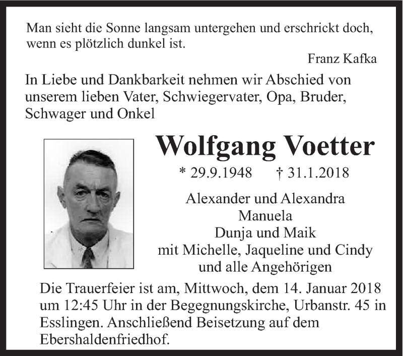  Traueranzeige für Wolfgang Voetter vom 10.02.2018 aus Eßlinger Zeitung/Cannstatter Zeitung