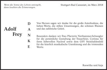 Traueranzeige von Adolf Frey von Eßlinger Zeitung/Cannstatter Zeitung