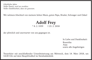 Traueranzeige von Adolf Frey von Eßlinger Zeitung/Cannstatter Zeitung