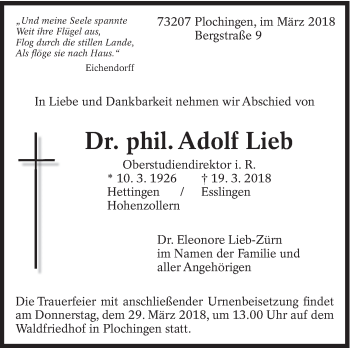 Traueranzeige von Adolf Lieb von Eßlinger Zeitung/Cannstatter Zeitung