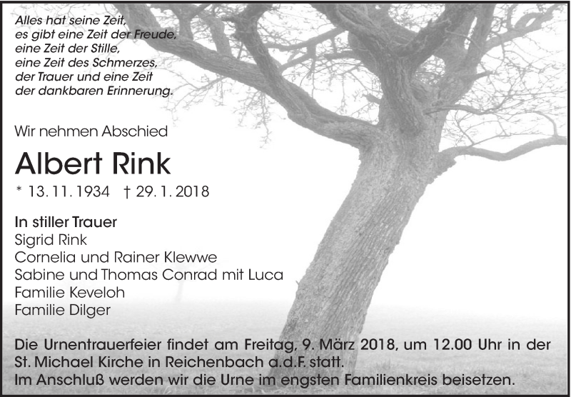  Traueranzeige für Albert Rink vom 03.03.2018 aus Eßlinger Zeitung/Cannstatter Zeitung