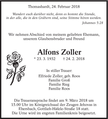 Traueranzeige von Alfons Zoller von Eßlinger Zeitung/Cannstatter Zeitung
