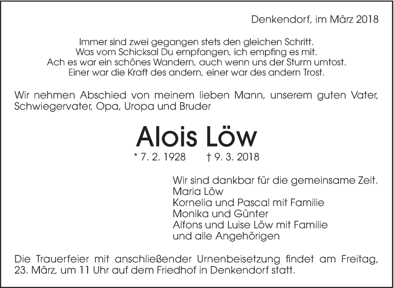  Traueranzeige für Alois Löw vom 16.03.2018 aus Eßlinger Zeitung/Cannstatter Zeitung