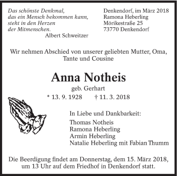 Traueranzeige von Anna Notheis von Eßlinger Zeitung/Cannstatter Zeitung