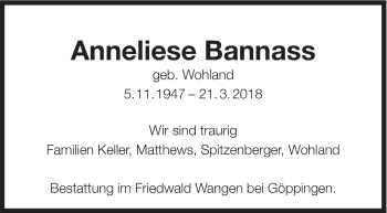 Traueranzeige von Anneliese Bannass von Eßlinger Zeitung/Cannstatter Zeitung