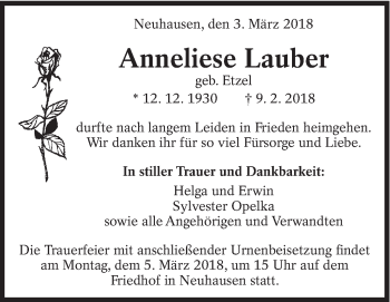 Traueranzeige von Anneliese Lauber von Eßlinger Zeitung/Cannstatter Zeitung