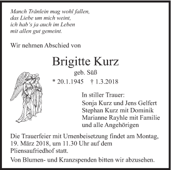 Traueranzeige von Brigitte Kurz von Eßlinger Zeitung/Cannstatter Zeitung