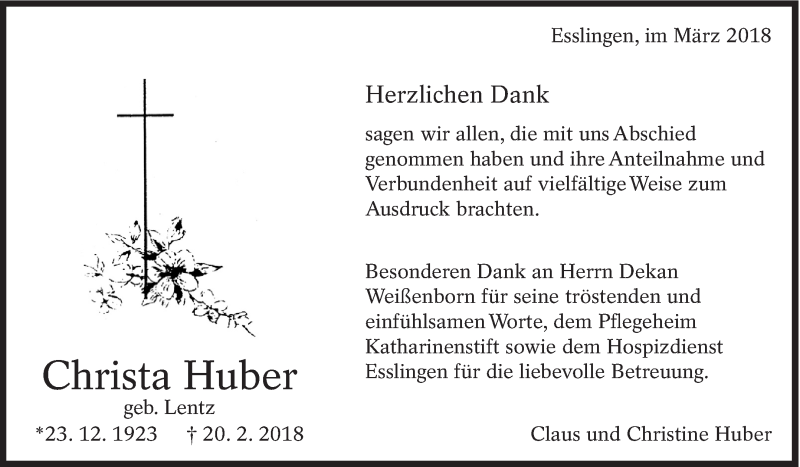  Traueranzeige für Christa Huber vom 23.03.2018 aus Eßlinger Zeitung/Cannstatter Zeitung