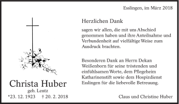 Traueranzeige von Christa Huber von Eßlinger Zeitung/Cannstatter Zeitung