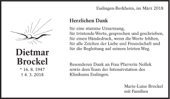 Traueranzeige von Dietmar Brockel von Eßlinger Zeitung/Cannstatter Zeitung