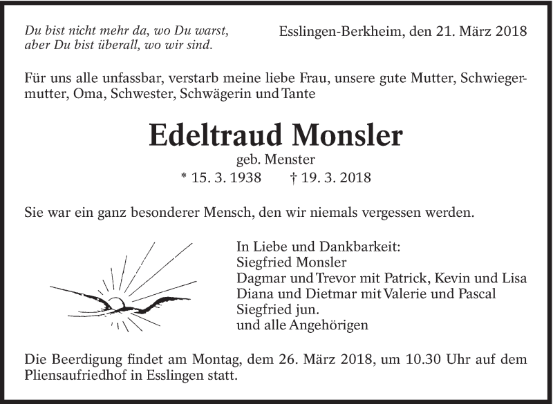  Traueranzeige für Edeltraud Monsler vom 21.03.2018 aus Eßlinger Zeitung/Cannstatter Zeitung