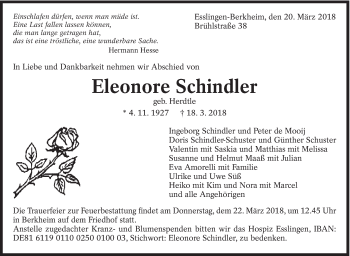 Traueranzeige von Eleonore Schindler von Eßlinger Zeitung/Cannstatter Zeitung