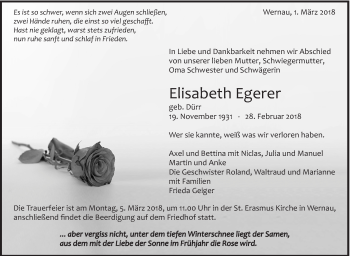 Traueranzeige von Elisabeth Egerer von Eßlinger Zeitung/Cannstatter Zeitung