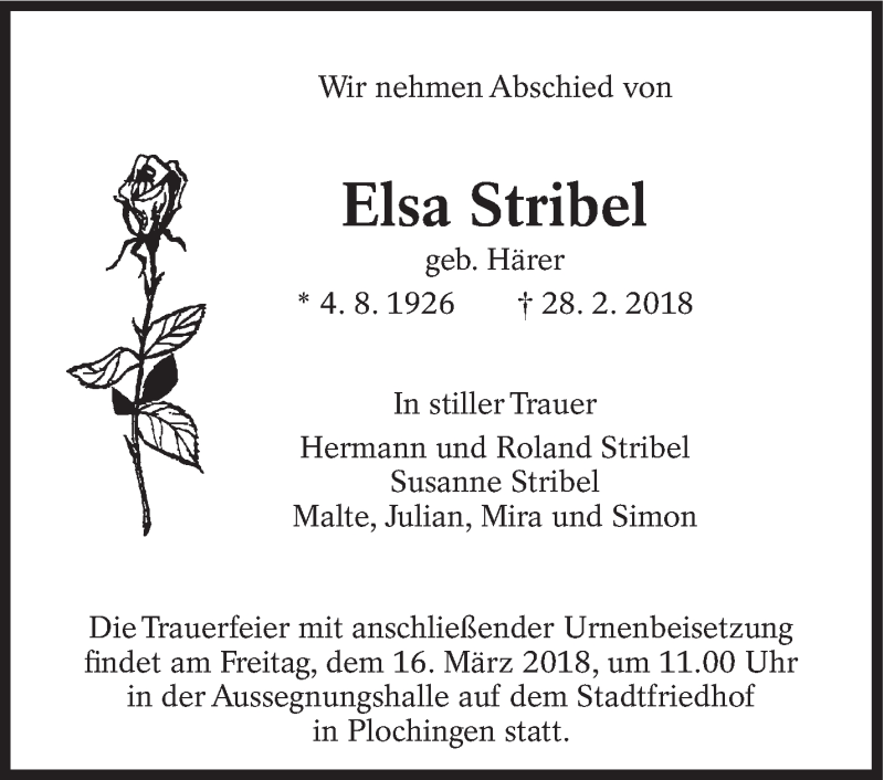  Traueranzeige für Elsa Stribel vom 14.03.2018 aus Eßlinger Zeitung/Cannstatter Zeitung