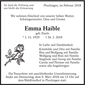Traueranzeige von Emma Haible von Eßlinger Zeitung/Cannstatter Zeitung