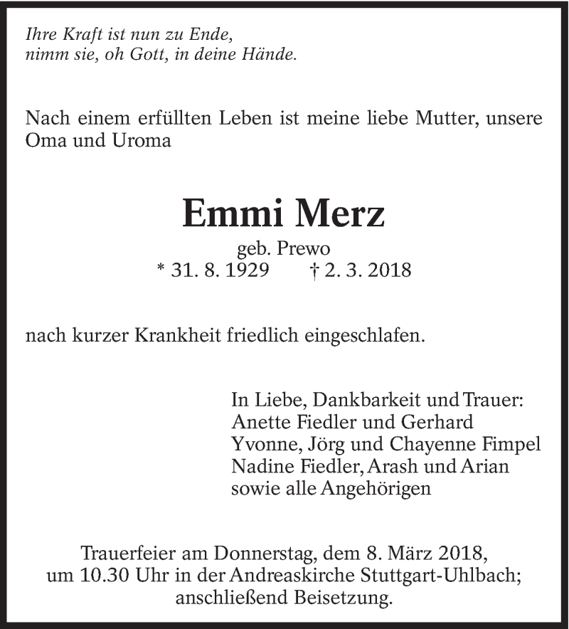  Traueranzeige für Emmi Merz vom 06.03.2018 aus Eßlinger Zeitung/Cannstatter Zeitung