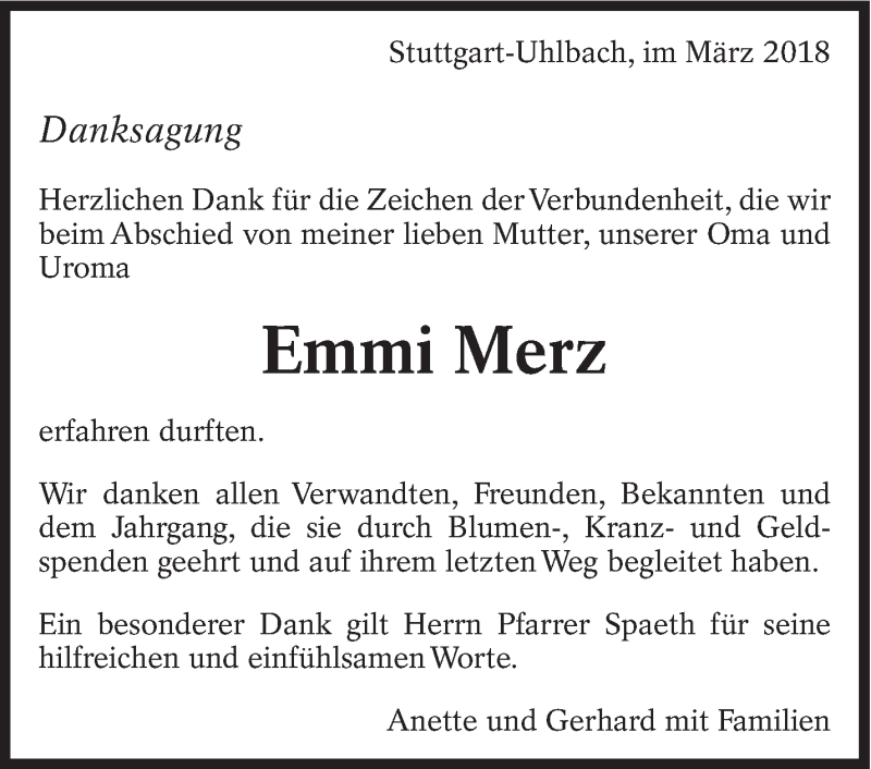  Traueranzeige für Emmi Merz vom 22.03.2018 aus Eßlinger Zeitung/Cannstatter Zeitung