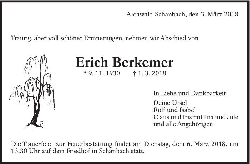  Traueranzeige für Erich Berkemer vom 03.03.2018 aus Eßlinger Zeitung/Cannstatter Zeitung