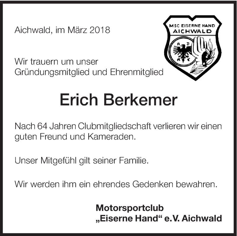  Traueranzeige für Erich Berkemer vom 03.03.2018 aus Eßlinger Zeitung/Cannstatter Zeitung