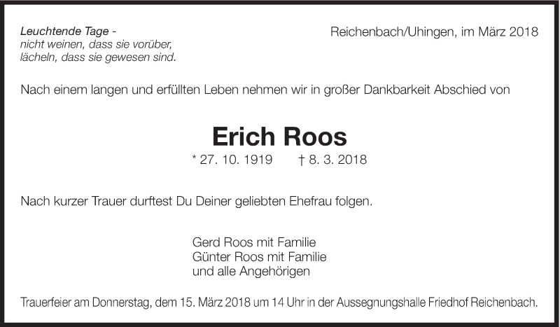  Traueranzeige für Erich Roos vom 12.03.2018 aus Eßlinger Zeitung/Cannstatter Zeitung