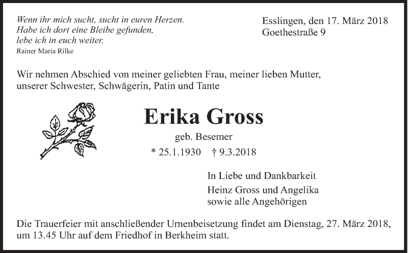  Traueranzeige für Erika Gross vom 17.03.2018 aus Eßlinger Zeitung/Cannstatter Zeitung