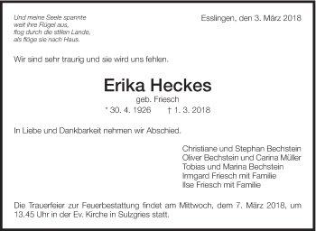 Traueranzeige von Erika Heckes von Eßlinger Zeitung/Cannstatter Zeitung