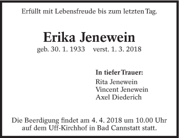 Traueranzeige von Erika Jenewein von Eßlinger Zeitung/Cannstatter Zeitung