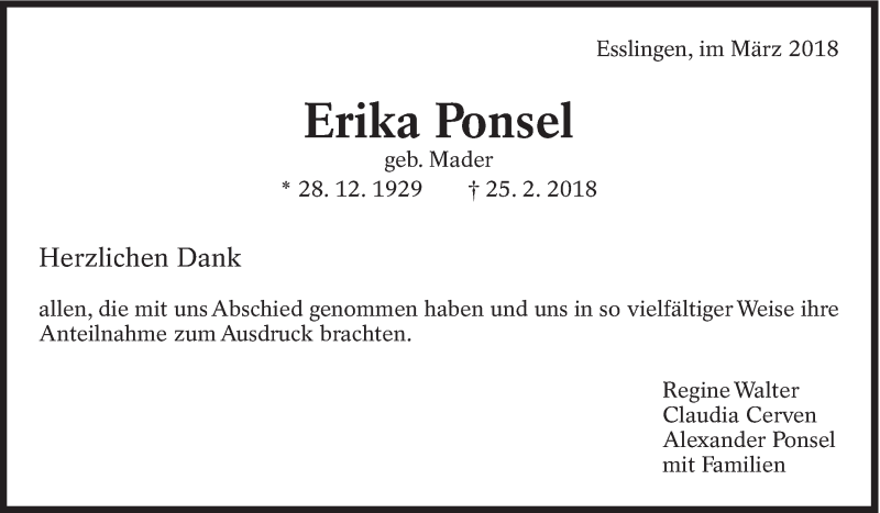  Traueranzeige für Erika Ponsel vom 10.03.2018 aus Eßlinger Zeitung/Cannstatter Zeitung