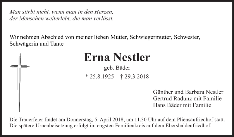  Traueranzeige für Erna Nestler vom 31.03.2018 aus Eßlinger Zeitung/Cannstatter Zeitung