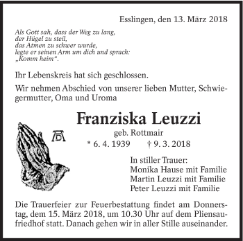 Traueranzeige von Franziska Leuzzi von Eßlinger Zeitung/Cannstatter Zeitung