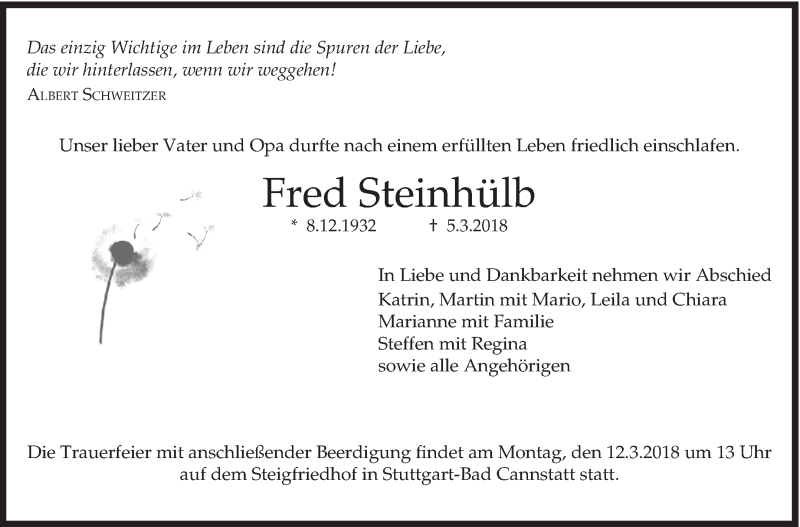  Traueranzeige für Fred Steinhülb vom 08.03.2018 aus Eßlinger Zeitung/Cannstatter Zeitung