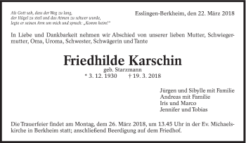 Traueranzeige von Friedhilde Karschin von Eßlinger Zeitung/Cannstatter Zeitung