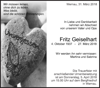 Traueranzeige von Fritz Geiselhart von Eßlinger Zeitung/Cannstatter Zeitung