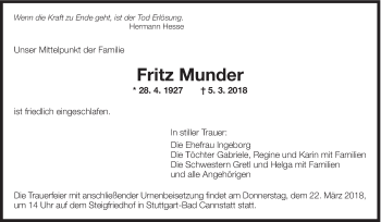 Traueranzeige von Fritz Munder von Eßlinger Zeitung/Cannstatter Zeitung
